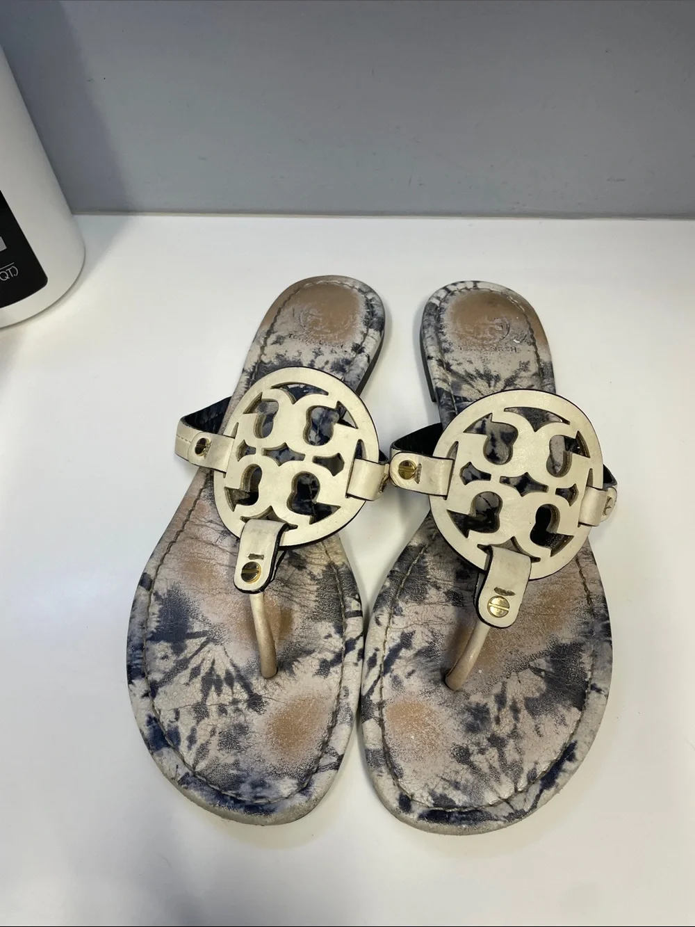 Tory Burch Taupe Ballet Flats with Gold Logo and White Tie-Dye Logo Sandals 9